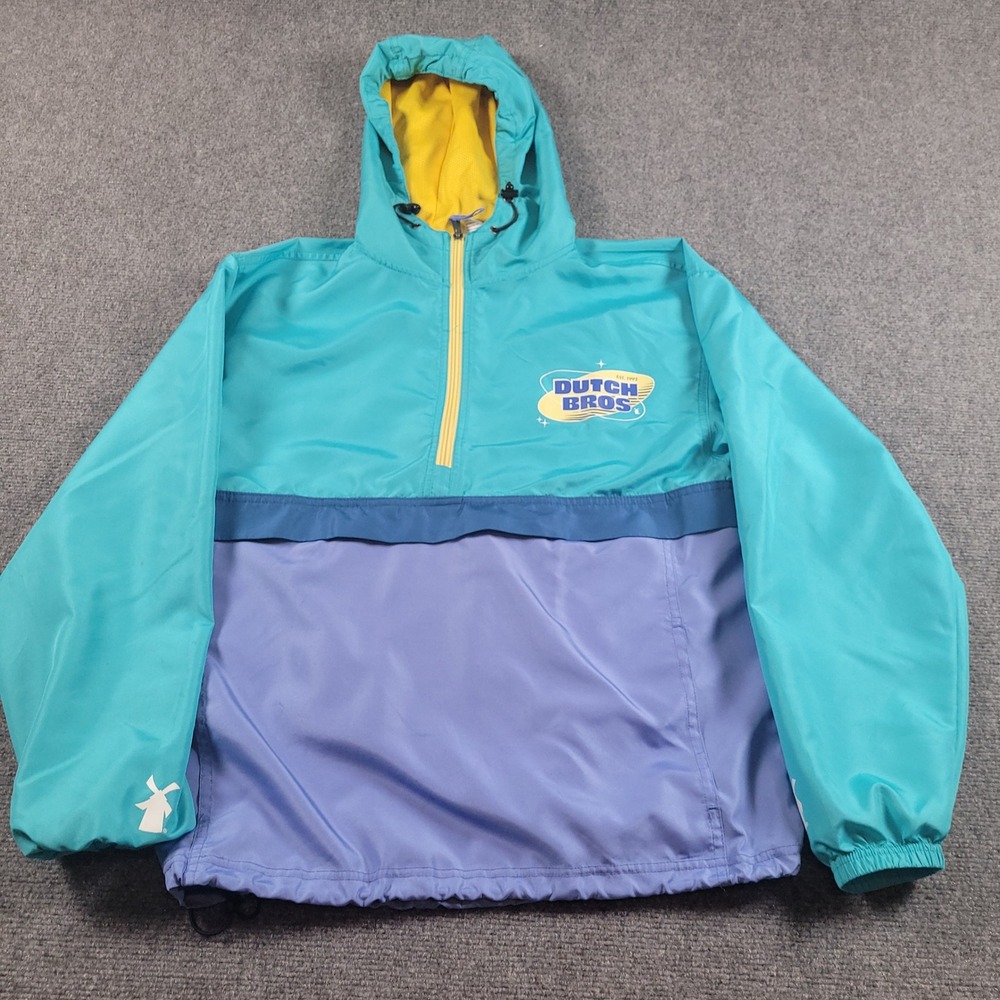 Dutch Bros Windbreaker Pullover Women Size Medium Teal Purple Colorblock Logo